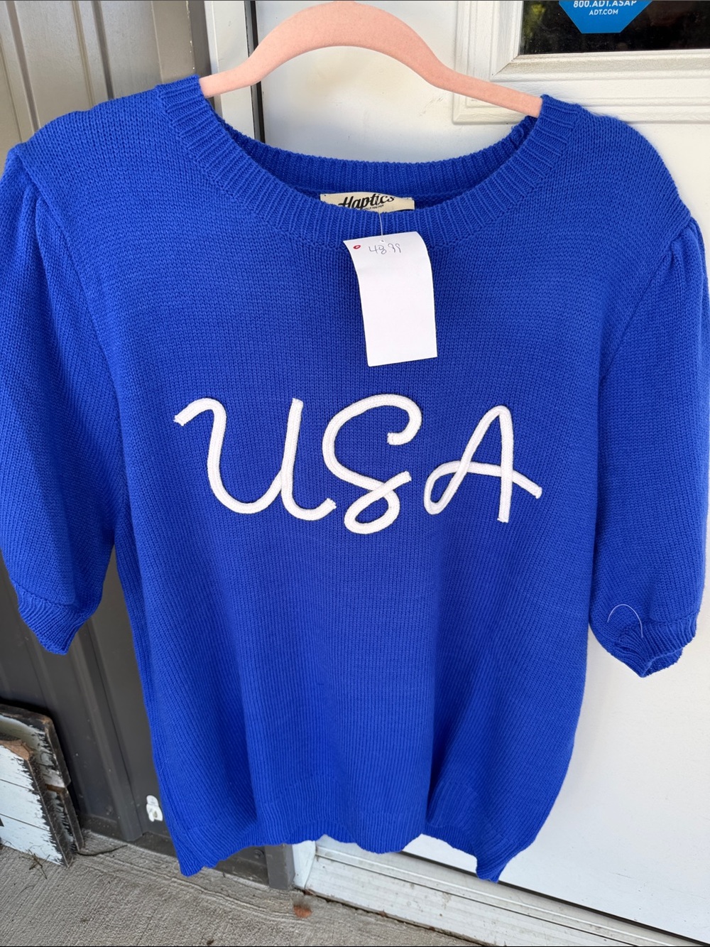 Haptics Women's Crewneck Short-Sleeve Sweater - Royal Blue with USA Appliqué